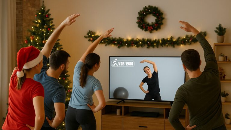 Sportler machen vor einem Fernseher unter Anleitung Sport